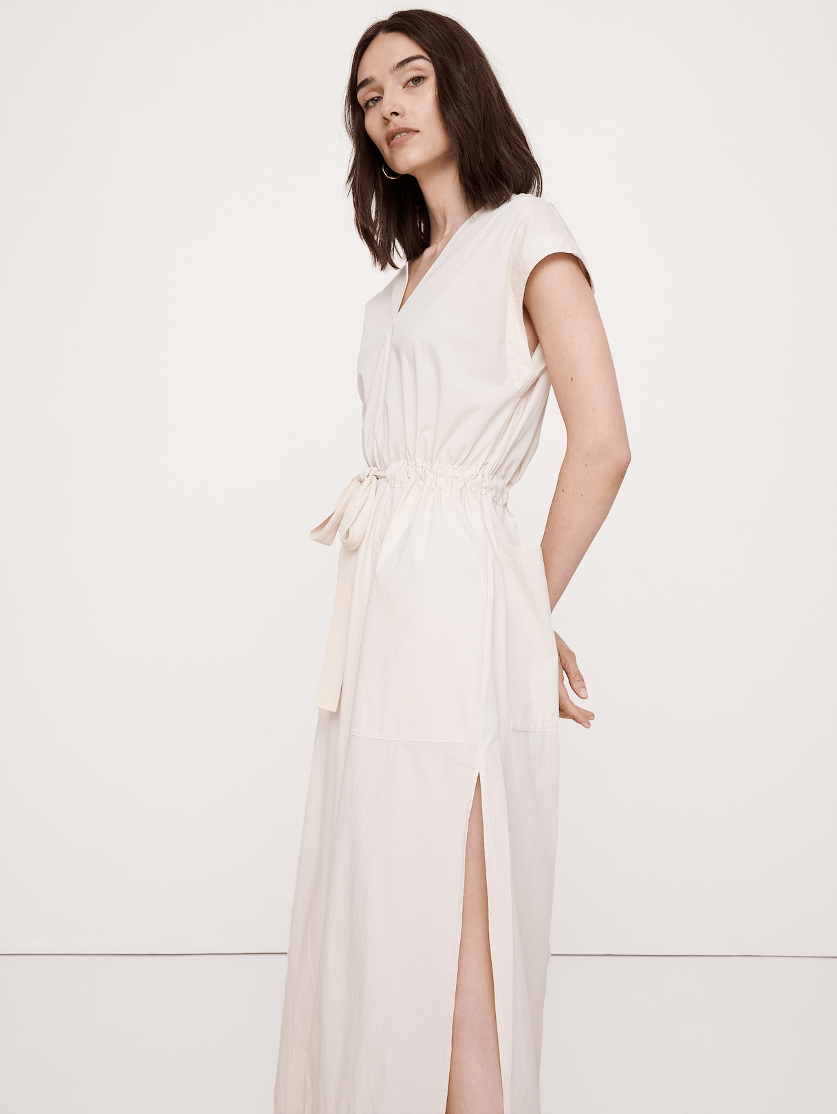Stretch-Cotton Tie-Waist Maxi Dress - Cream White