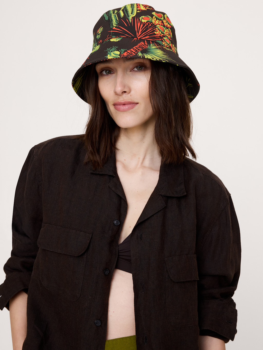 Cotton Canvas Bucket Hat with Pocket - Desert Cactus Print