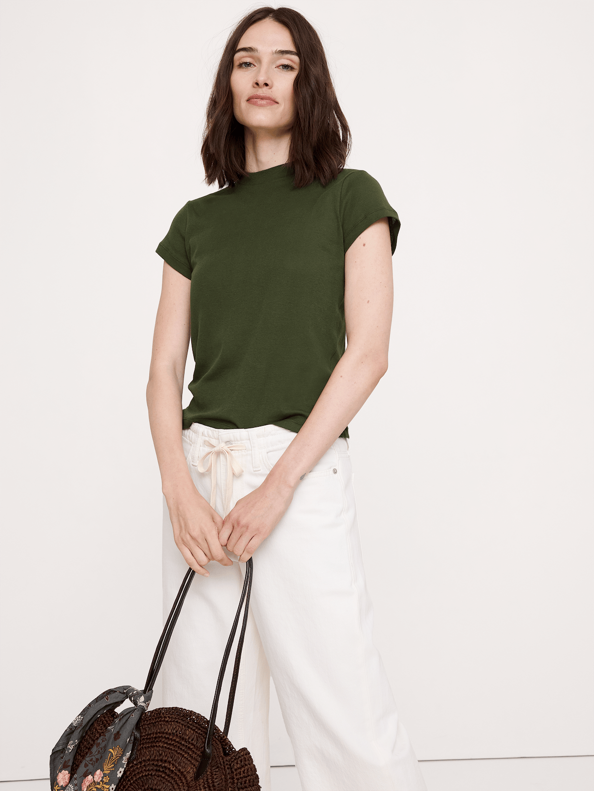 Airy Cotton Mock-Neck T-Shirt - Rifle Green