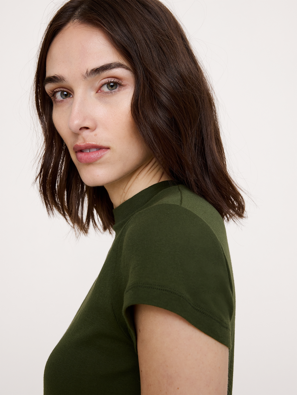 Airy Cotton Mock-Neck T-Shirt - Rifle Green