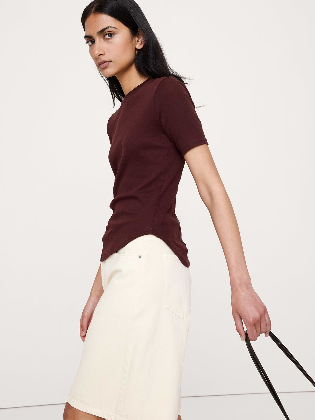 Airy Cotton Elbow-Sleeve T-Shirt - Radicchio Burgundy-Brown
