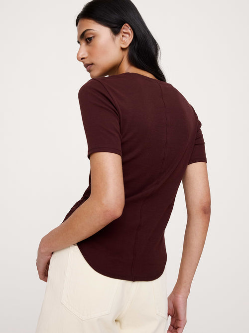 Airy Cotton Elbow-Sleeve T-Shirt - Radicchio Burgundy-Brown
