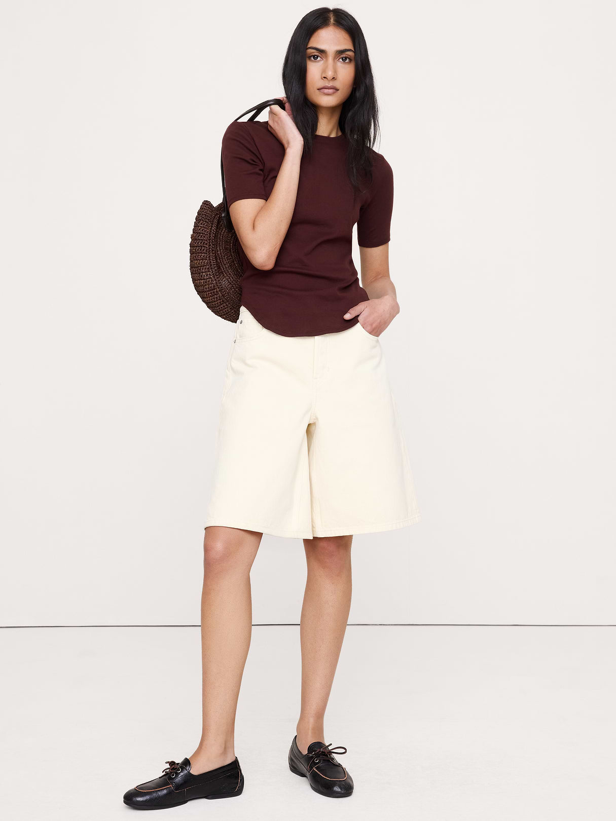 Airy Cotton Elbow-Sleeve T-Shirt - Radicchio Burgundy-Brown