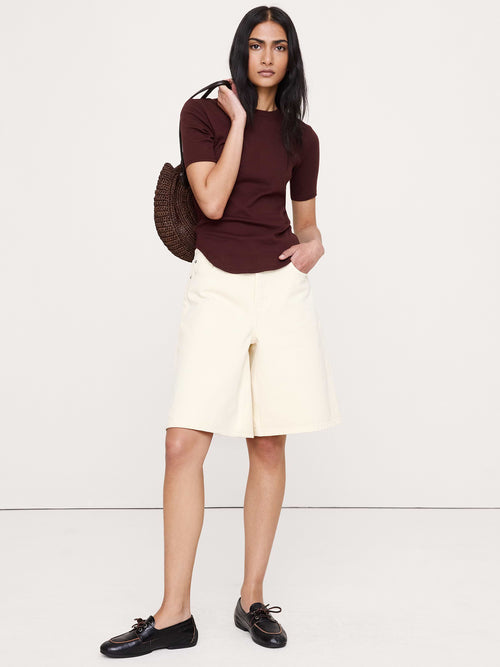 Airy Cotton Elbow-Sleeve T-Shirt - Radicchio Burgundy-Brown
