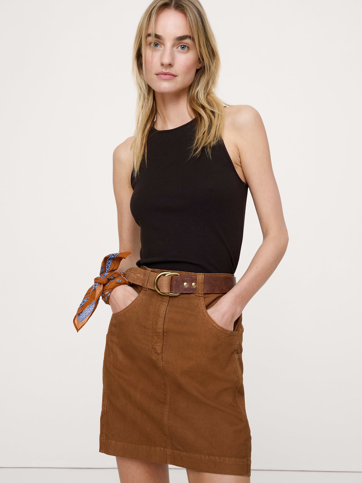Paneled Denim Mini Skirt - Cinnamon Coffee Brown