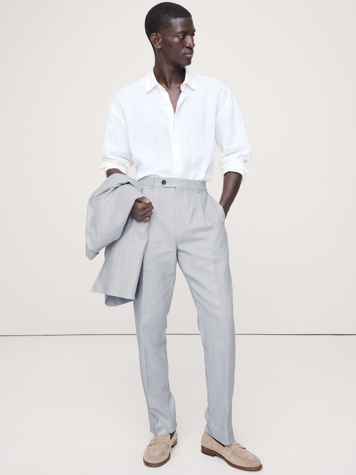 Tailored Slim-Fit Herringbone Linen-Merino Suit Pant - Light Blue Texture