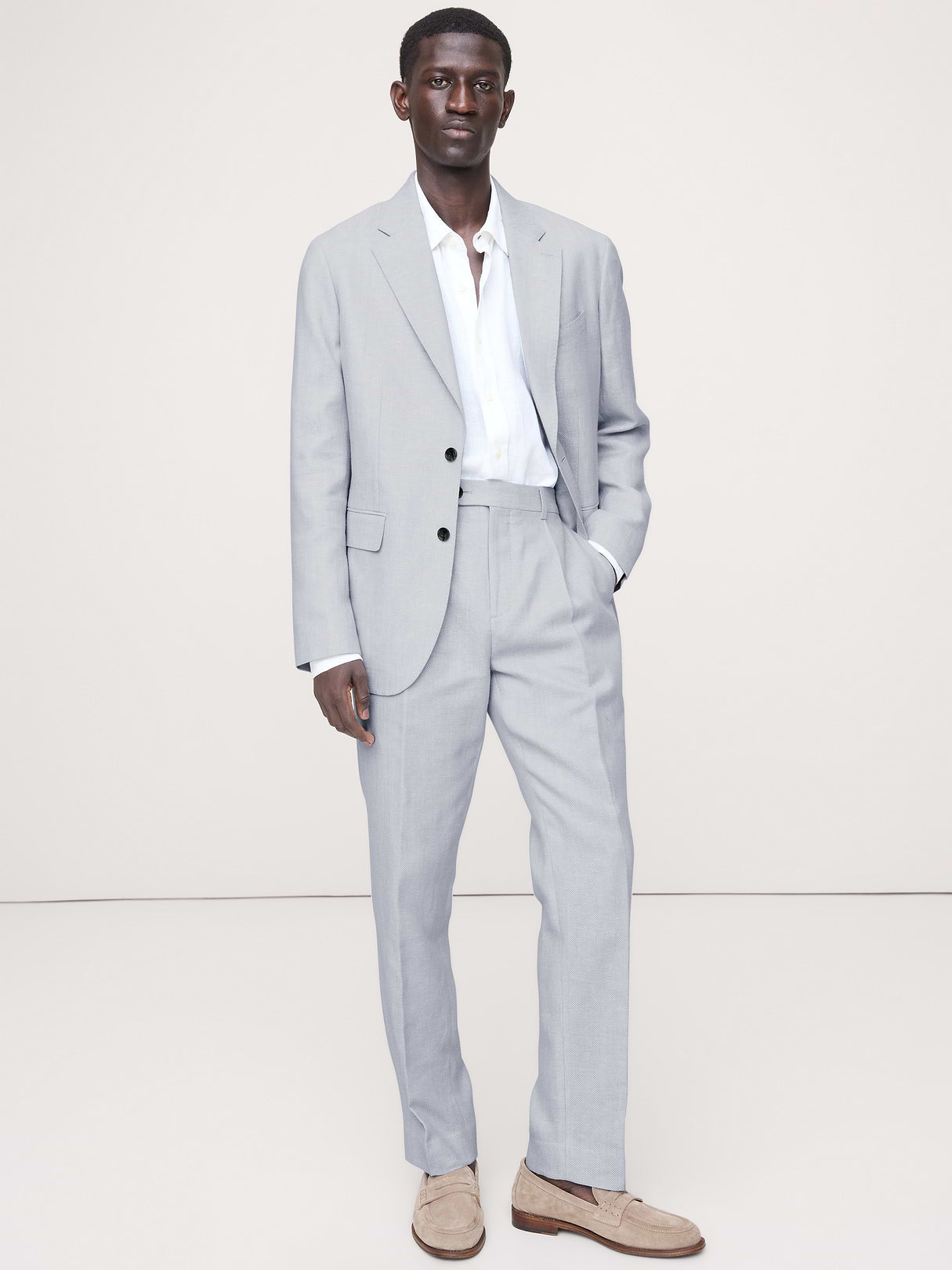 Tailored Slim-Fit Herringbone Linen-Merino Suit Pant - Light Blue Texture