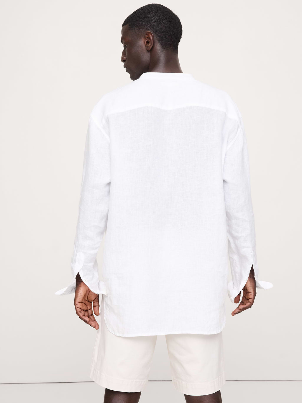 Relaxed-Fit Linen Banded-Collar Shirt - White
