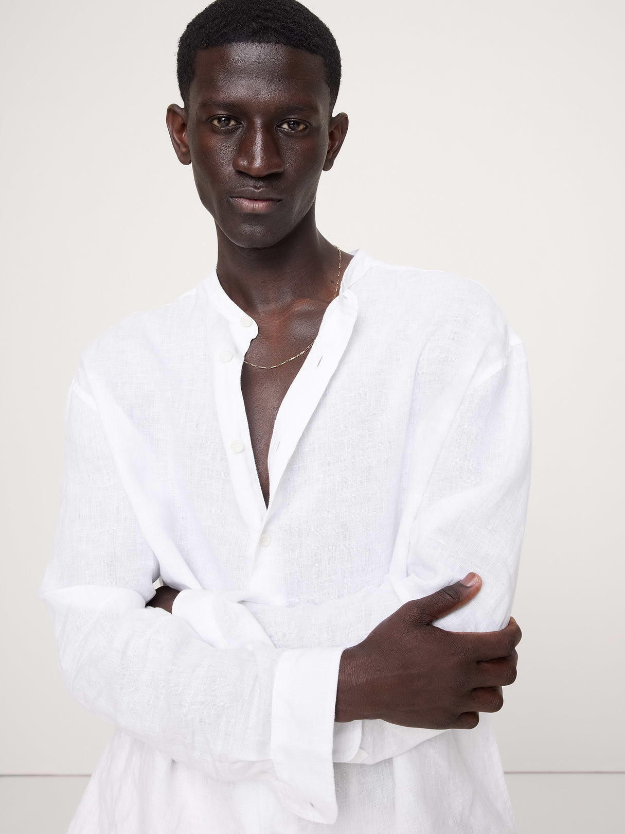 Relaxed-Fit Linen Banded-Collar Shirt - White