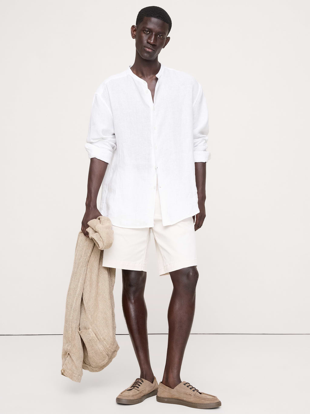 Relaxed-Fit Linen Banded-Collar Shirt - White