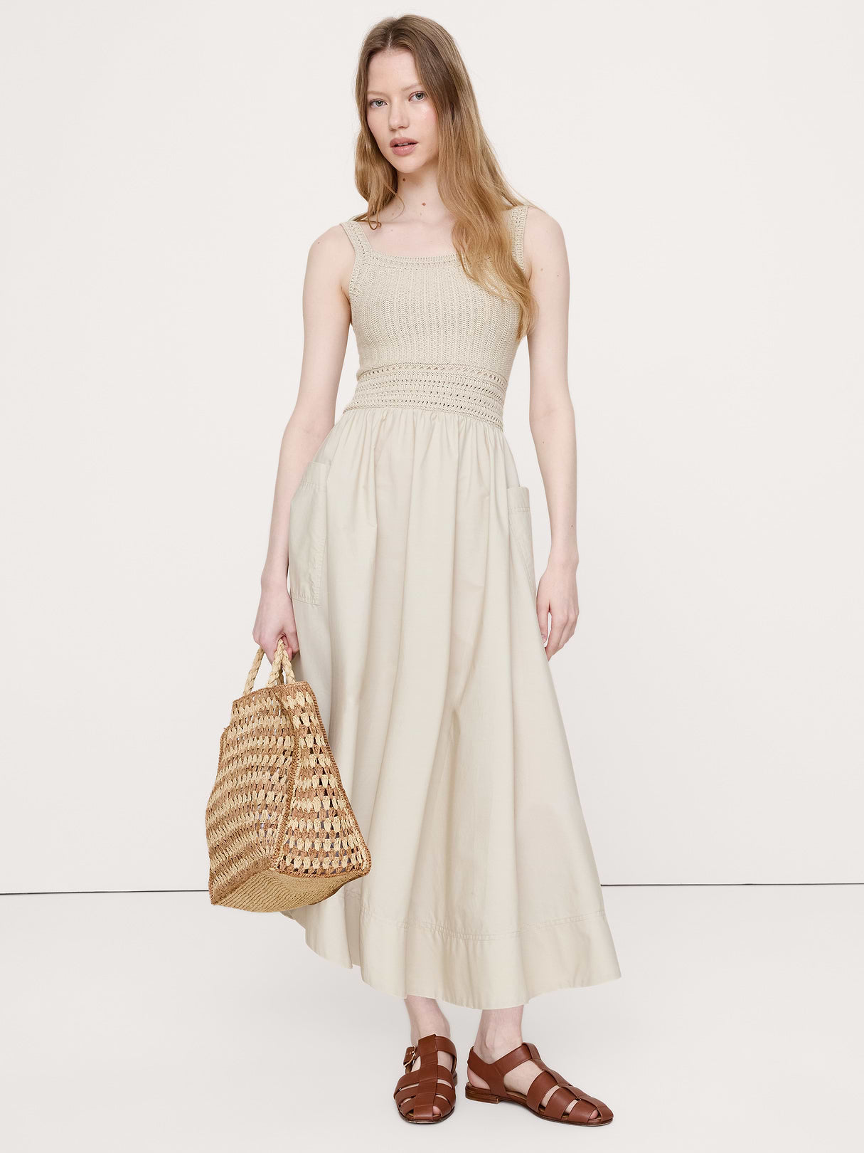 Crochet & Cotton Poplin Mixed-Media Midi Dress - Beige Twine
