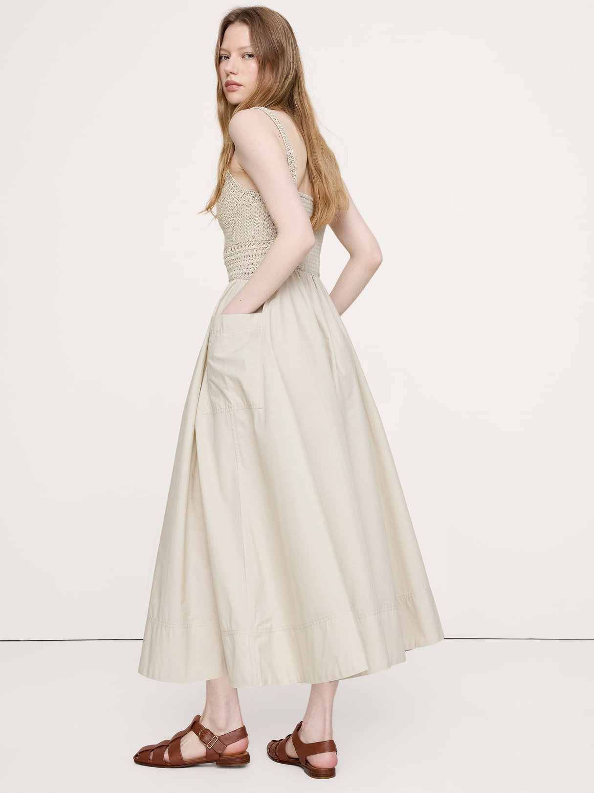 Crochet & Cotton Poplin Mixed-Media Midi Dress - Beige Twine