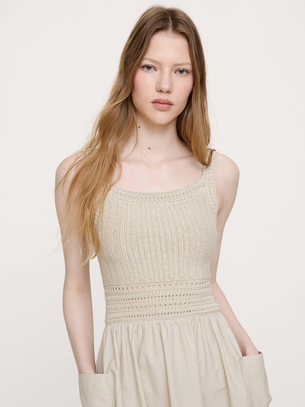 Crochet & Cotton Poplin Mixed-Media Midi Dress - Beige Twine