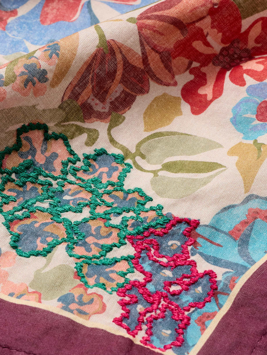 Embroidered Cotton Scarf by Vismaya - Deep Red Floral