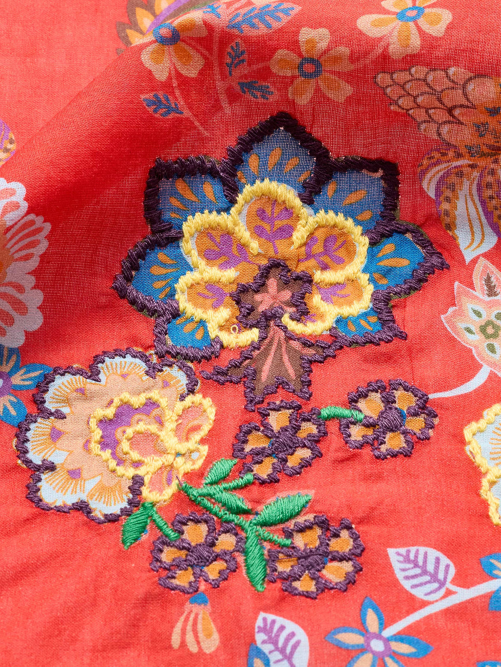 Embroidered Cotton Scarf by Vismaya - Sunrise Coral