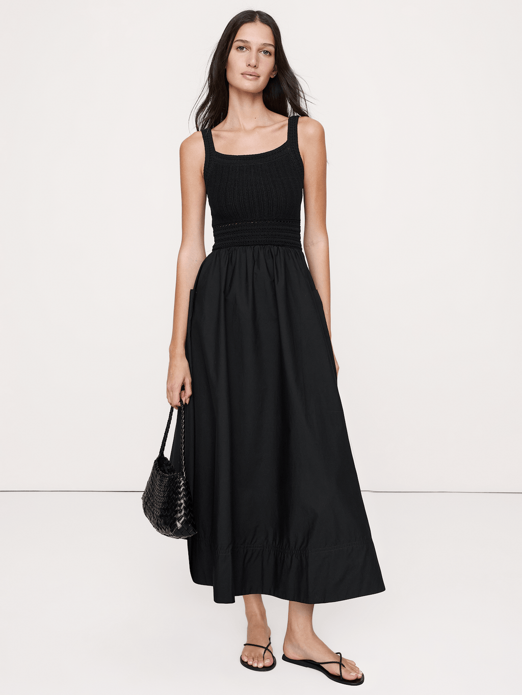 Crochet & Cotton Poplin Mixed-Media Midi Dress - Black