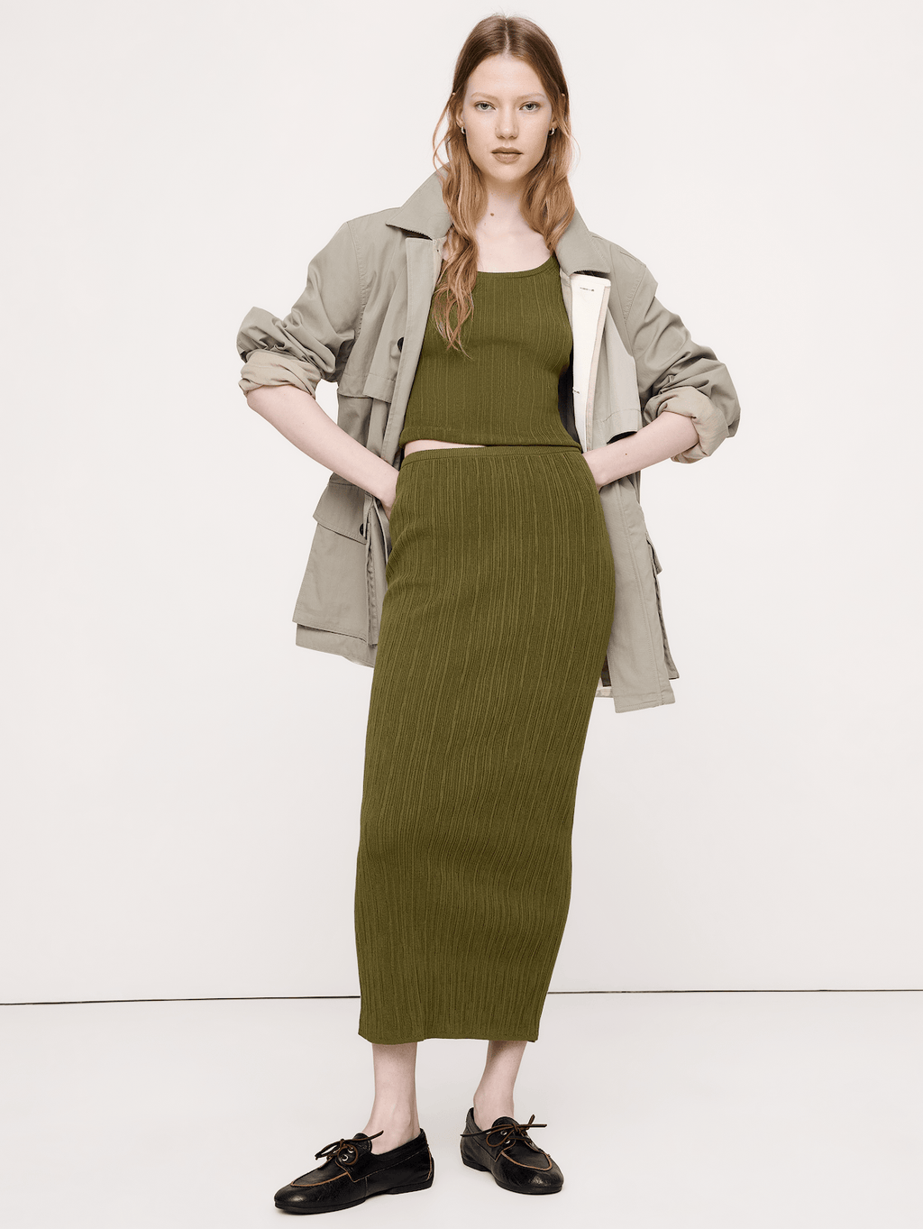 Crinkle Knit Maxi Skirt - Campground Green