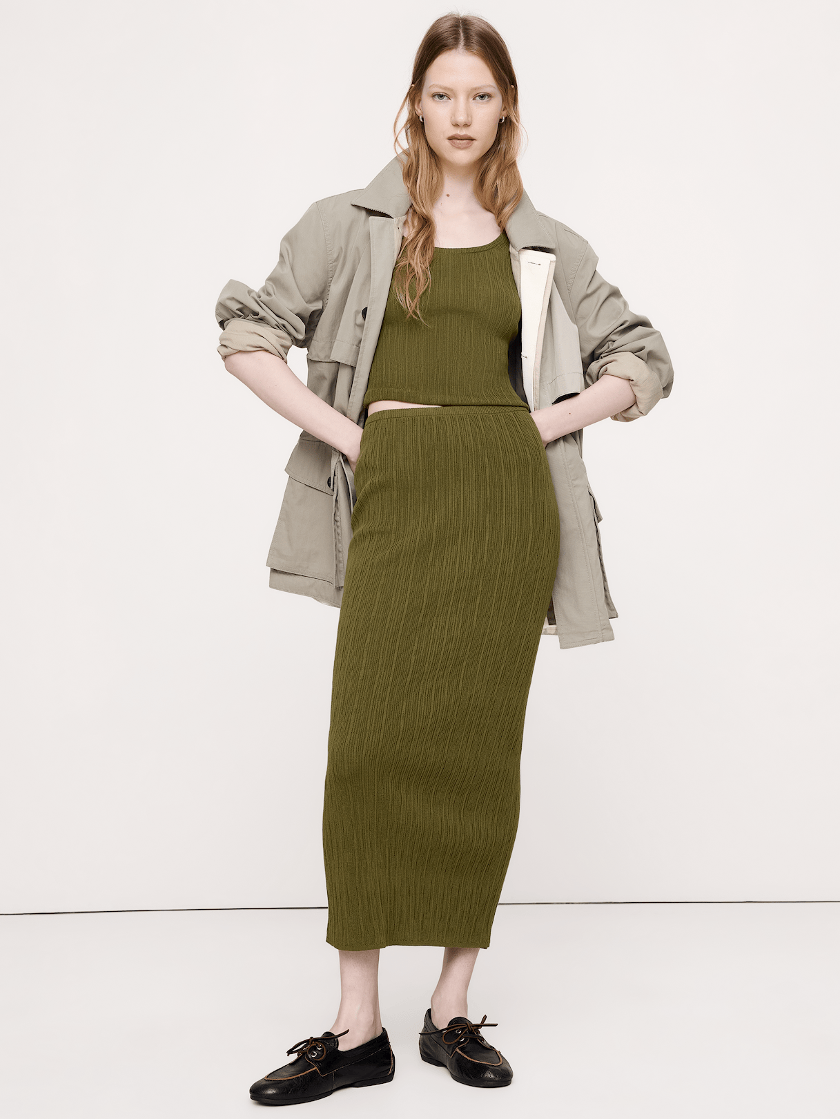 Crinkle Knit Maxi Skirt - Campground Green