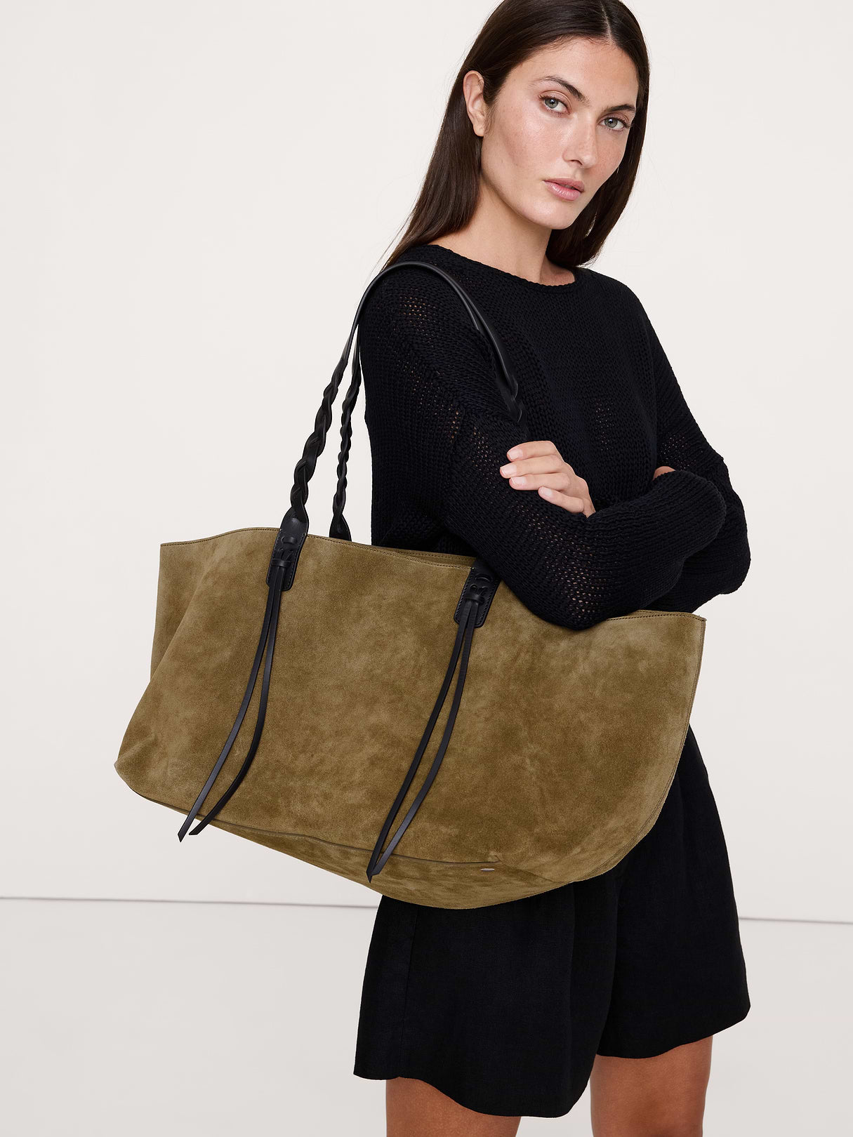 Large Leather East-West Tote - Olive Green