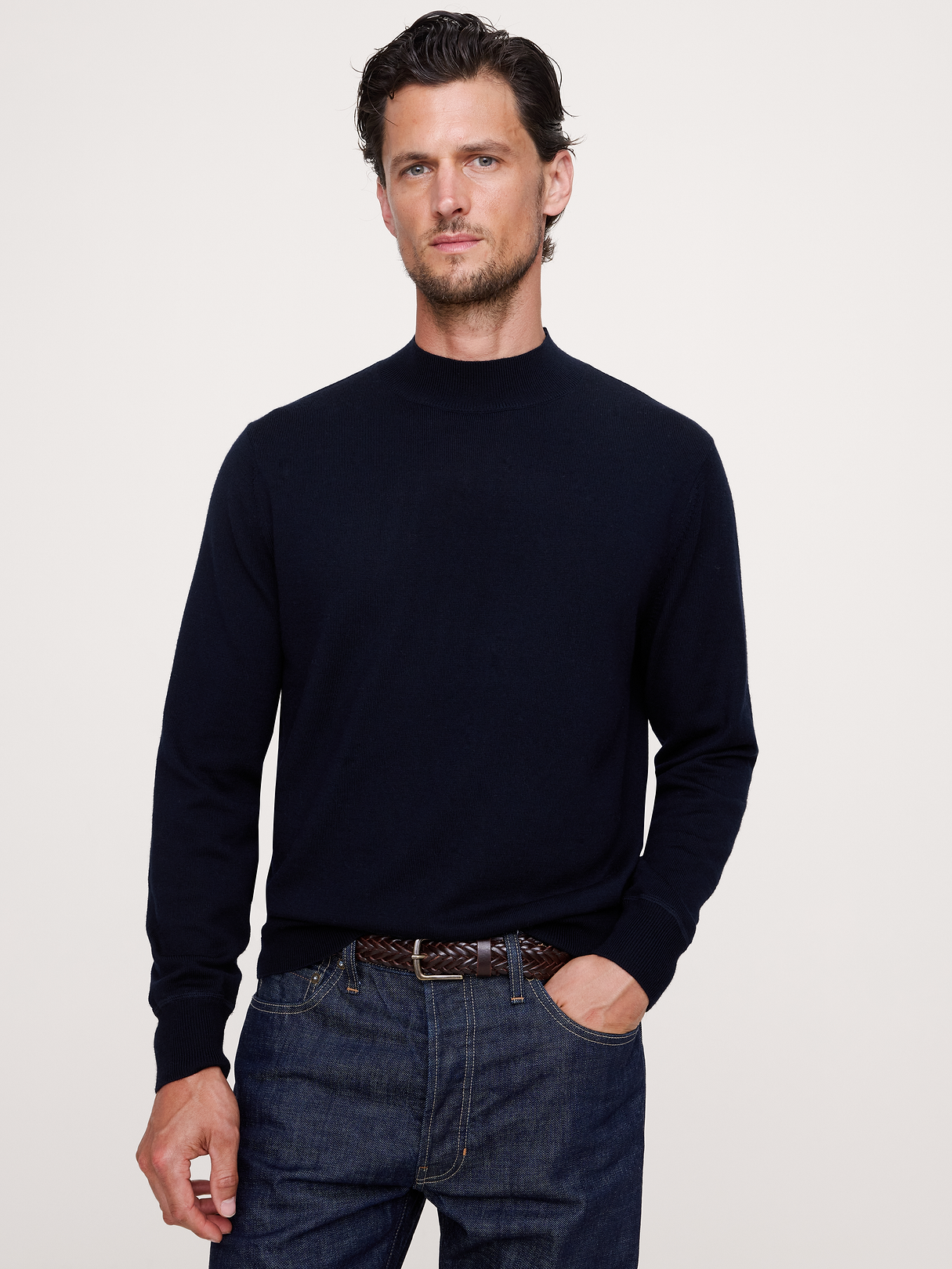 Merino Mock-Neck Sweater - Navy Blue