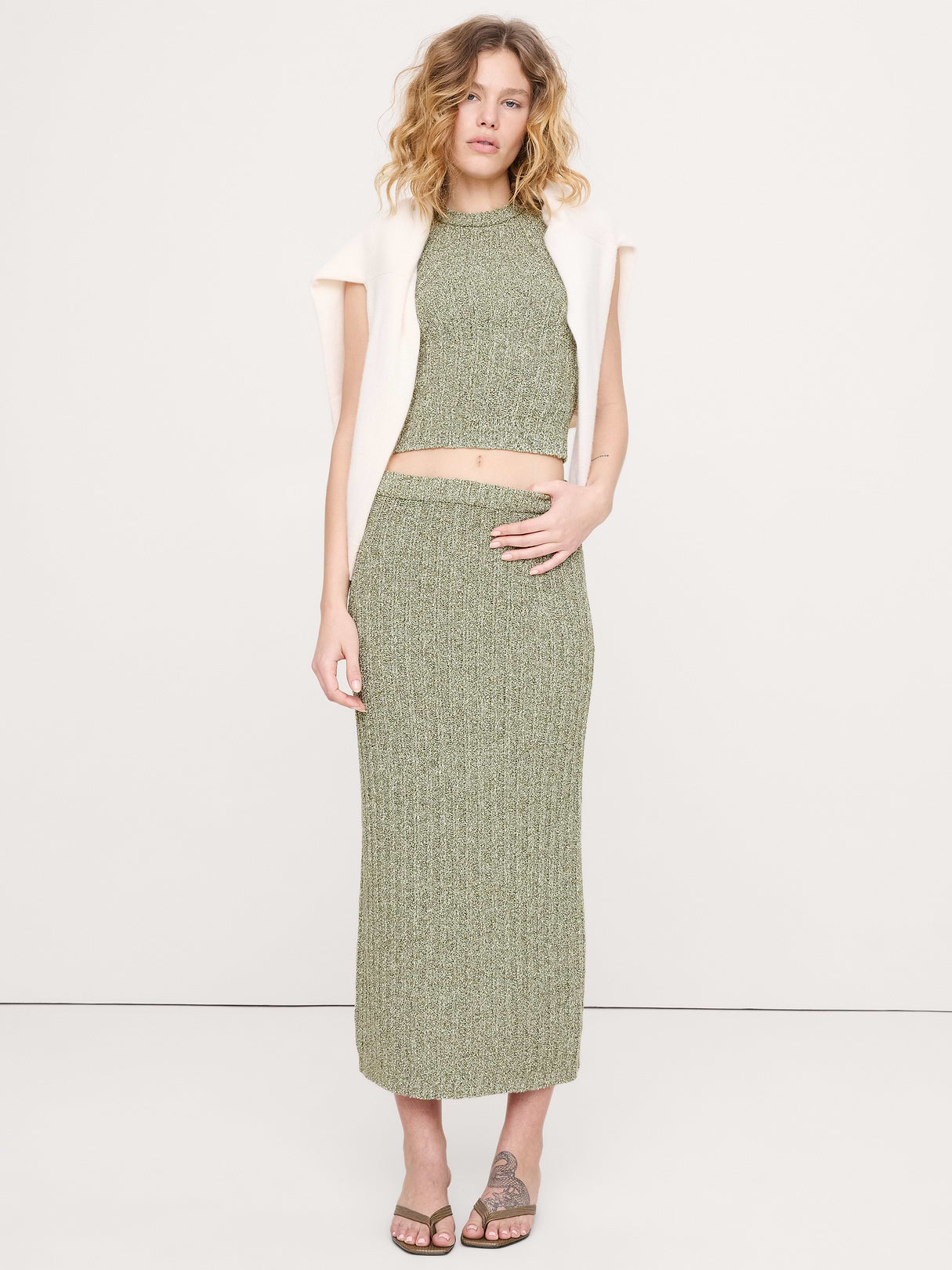 Bouclé Cotton Sweater Skirt - Olive Green Heather