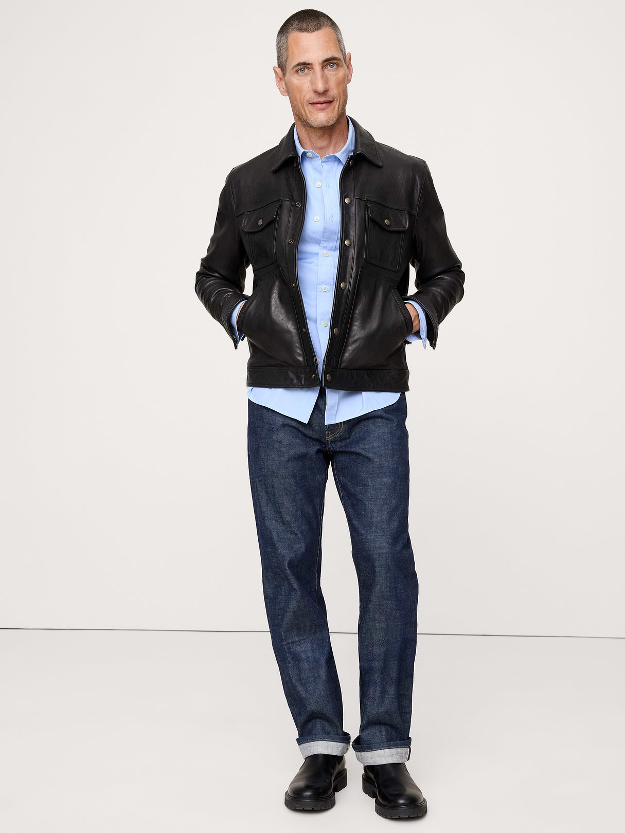 Standard-Fit Washed Cotton Poplin Shirt - Light Blue Heather