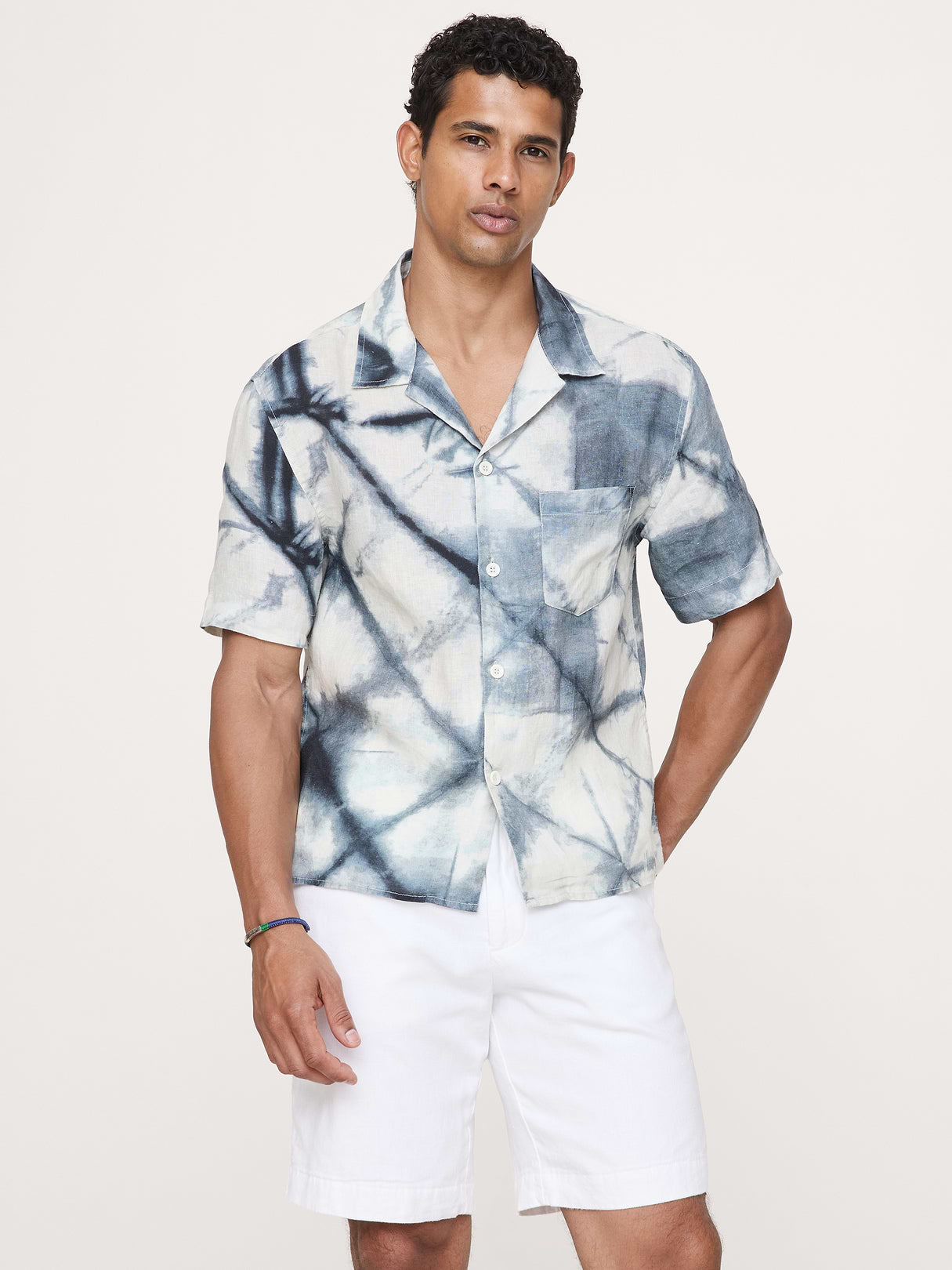 Standard-Fit Linen Resort Shirt - Navy Blue Tie Dye