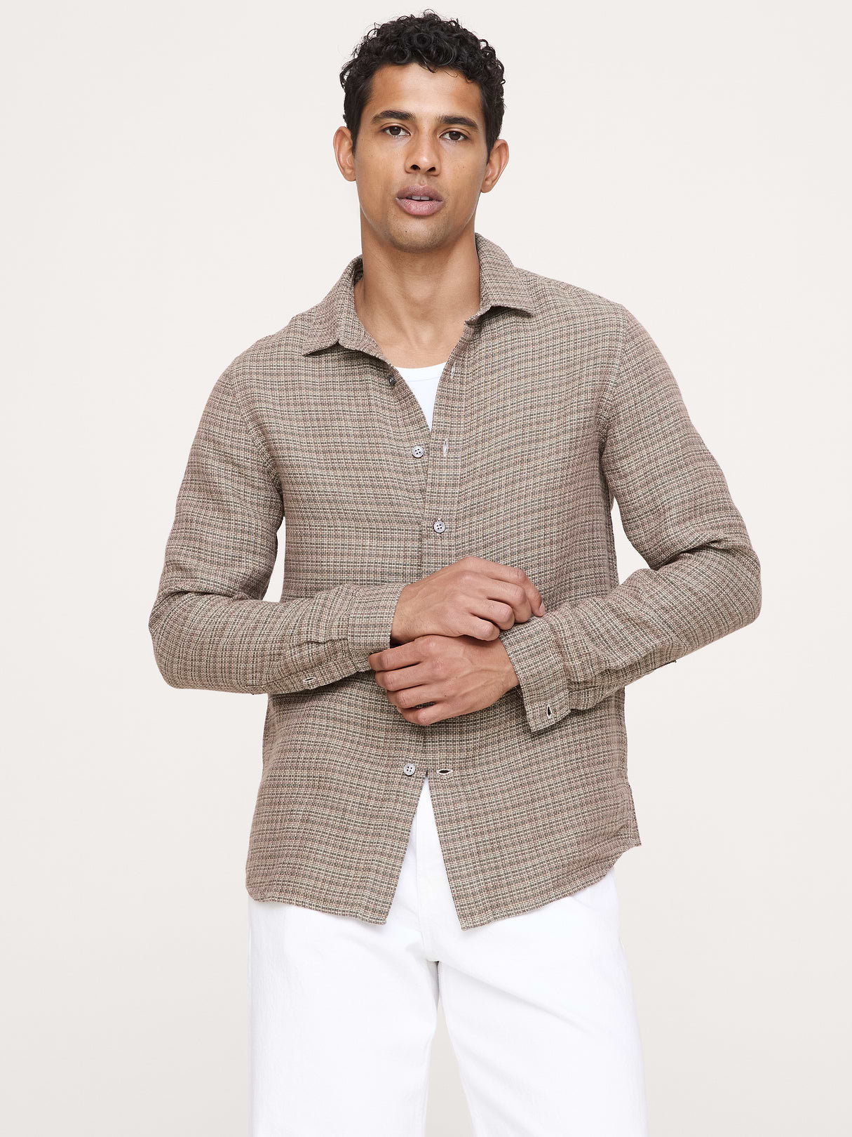 Standard-Fit Textured Linen-Cotton Shirt - Brown Multi