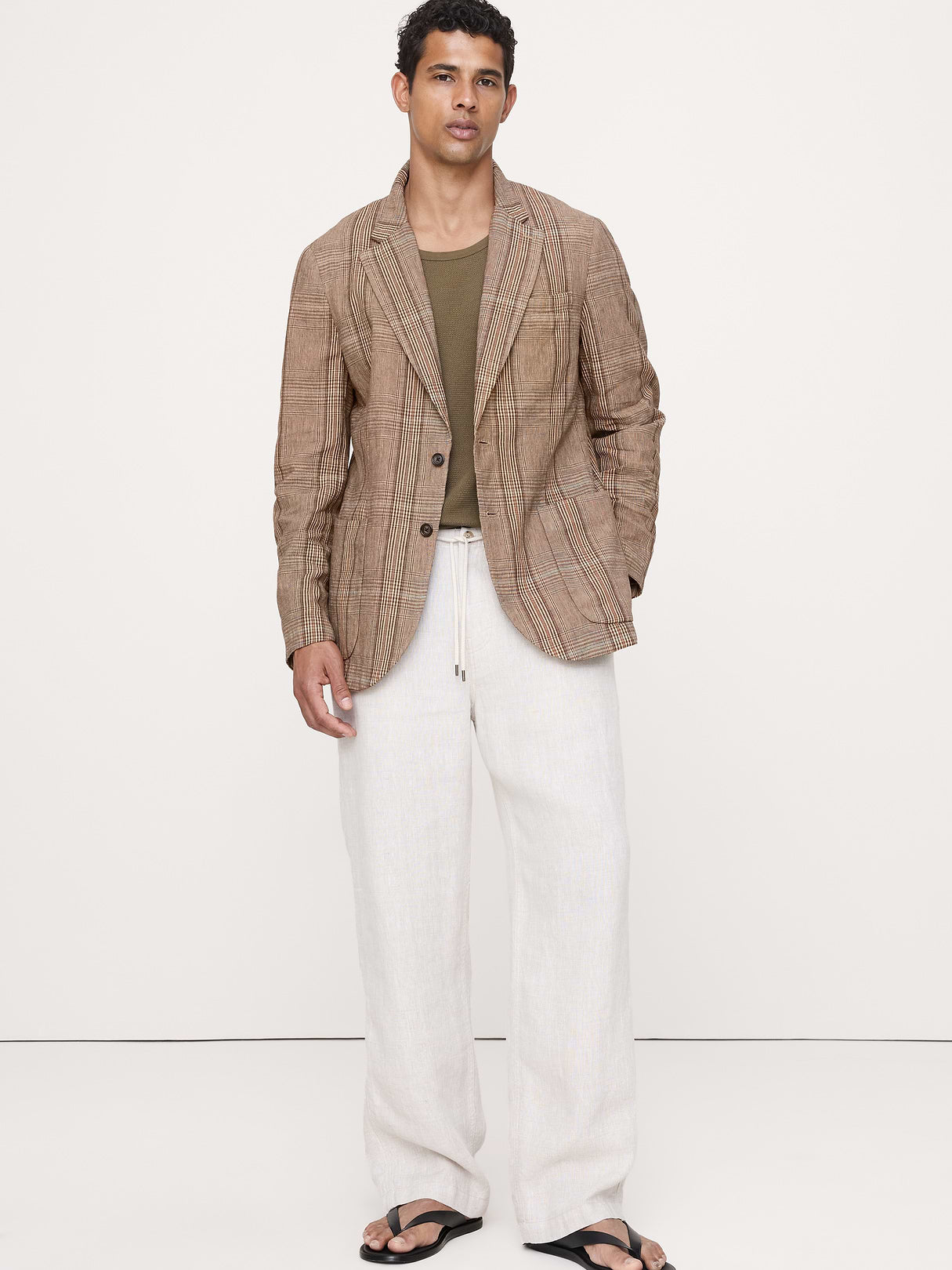 Italian Plaid Cotton-Linen Blazer - Brown Plaid