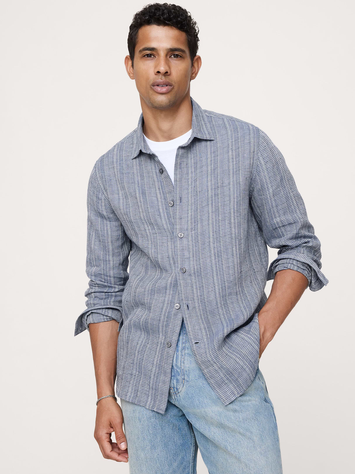 Standard-Fit Textured Linen-Cotton Shirt - Dark Blue Stripe