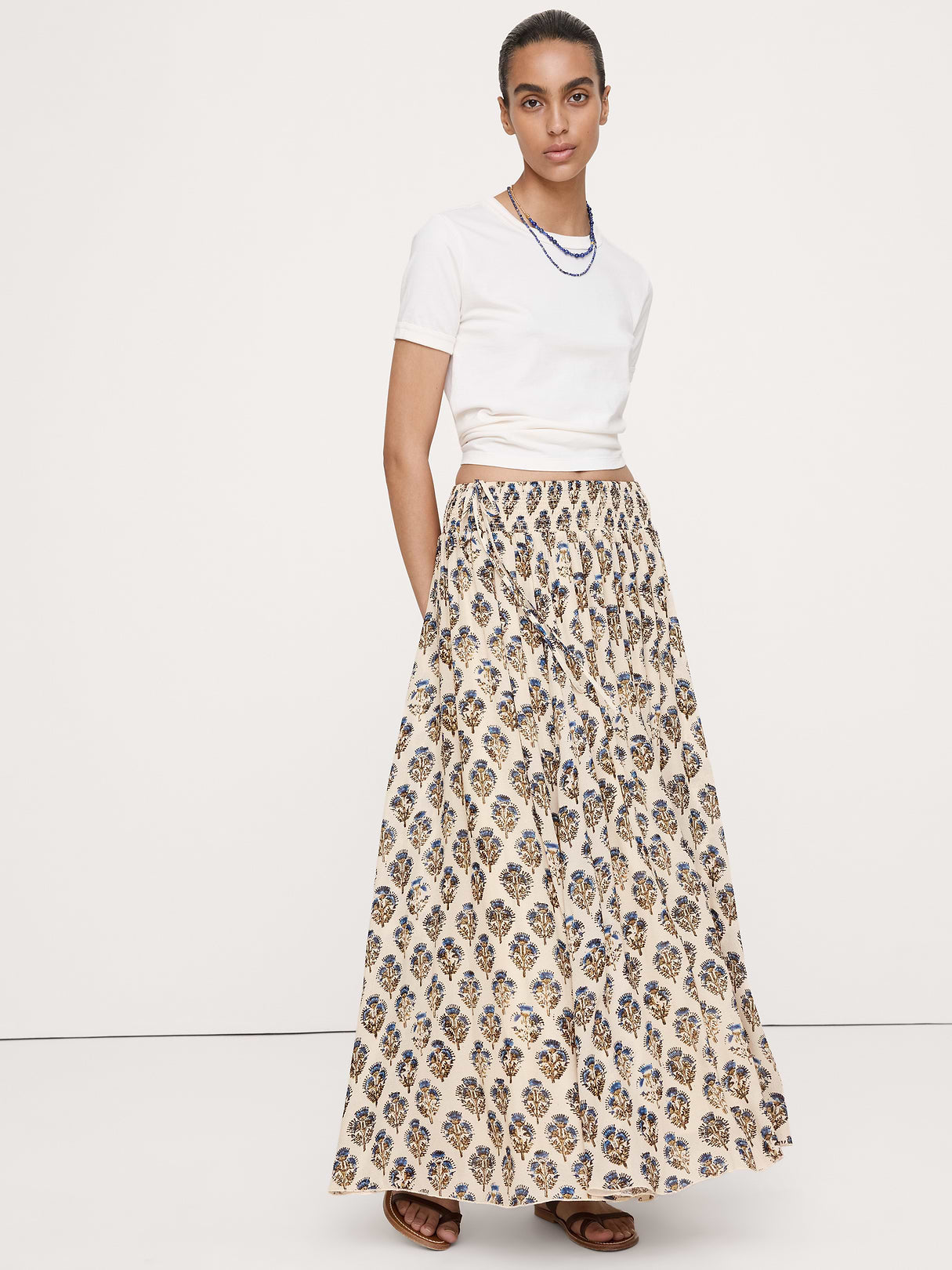 Smocked Georgette Maxi Skirt - Ivory Floral