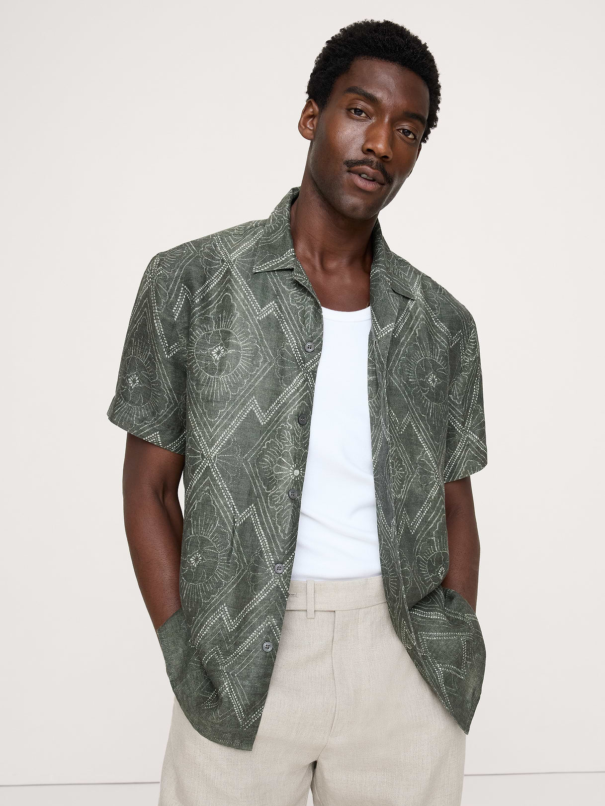 Standard-Fit Linen Resort Shirt - Green Print