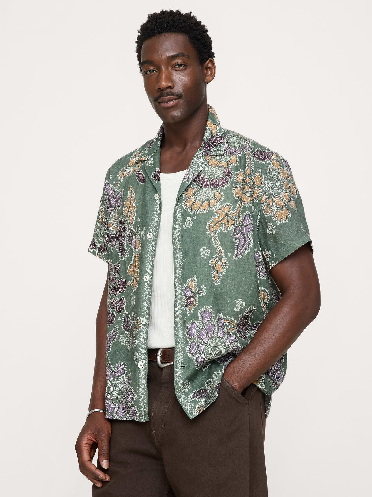 Standard-Fit Linen Resort Shirt - Green Floral