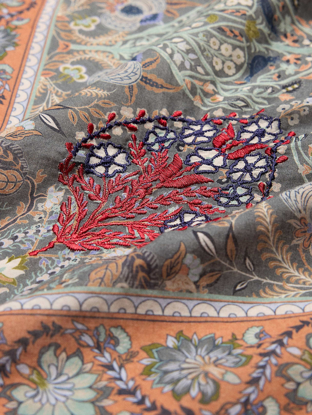 Embroidered Cotton Scarf by Vismaya - Slate Gray