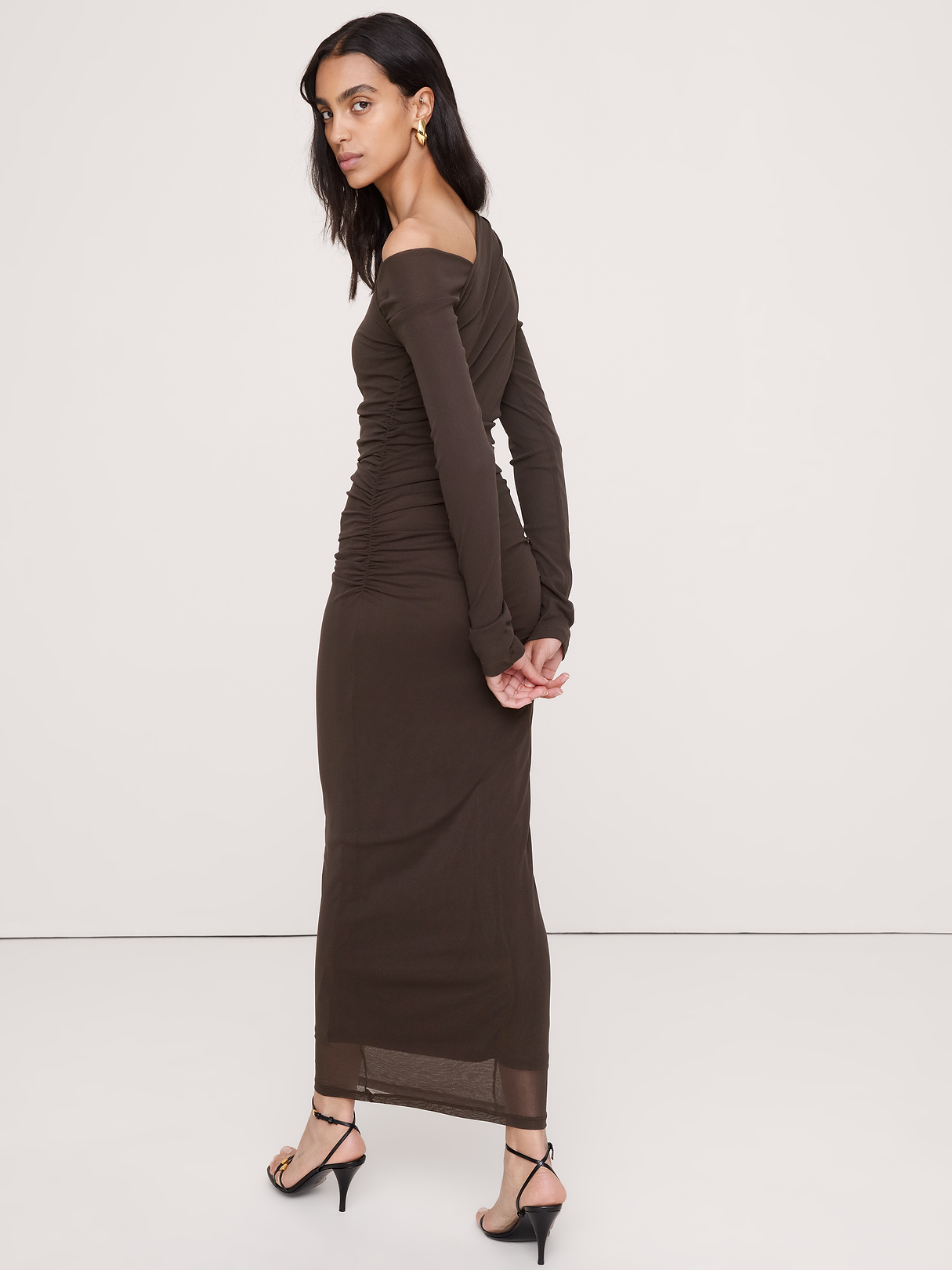 Mesh Asymmetric Ruched Maxi Dress - DARK CHOCOLATE