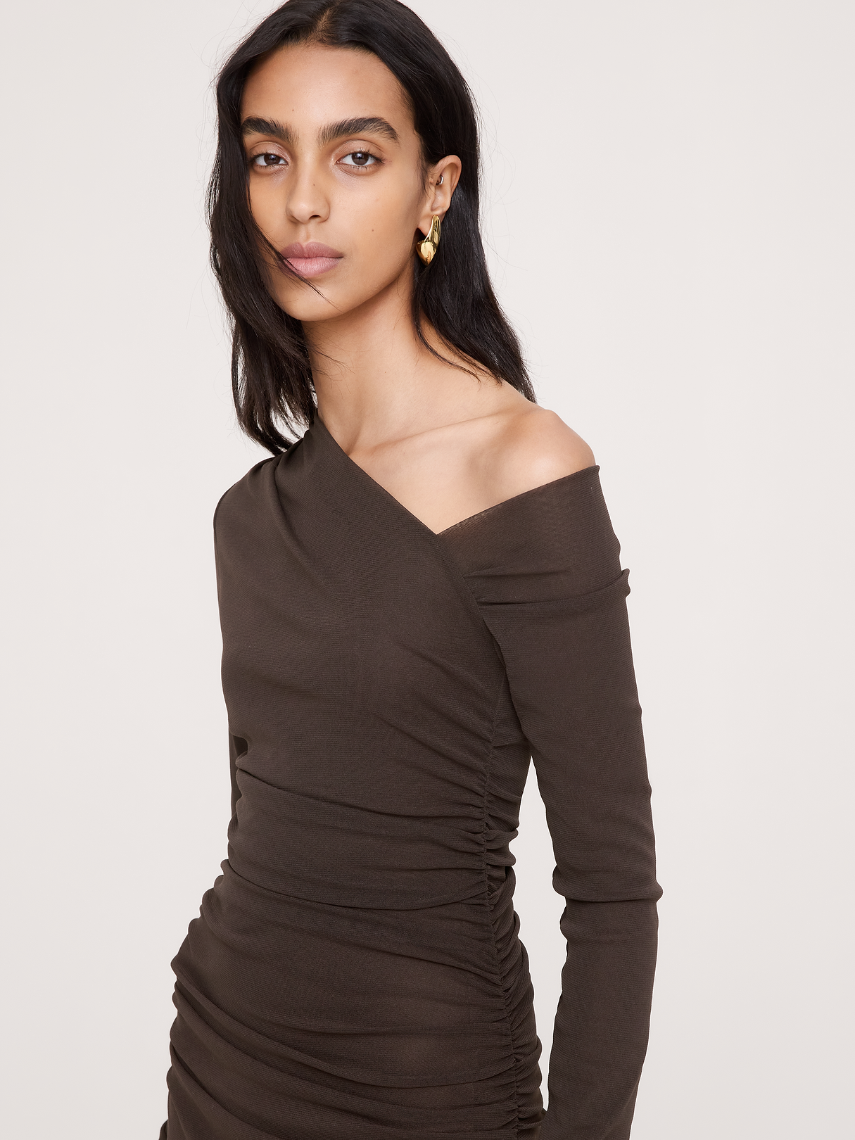 Mesh Asymmetric Ruched Maxi Dress - DARK CHOCOLATE