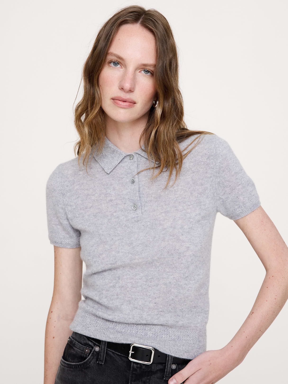 Lightweight Cashmere Short-Sleeve Sweater Polo - Heather Gray