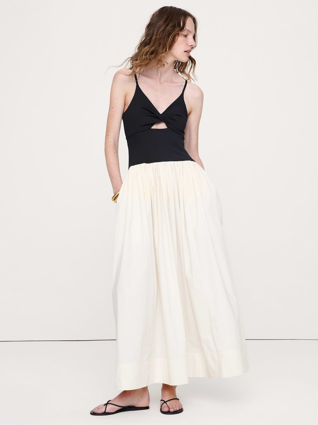 Jersey + Poplin Twist-Front Maxi Dress - Cream White