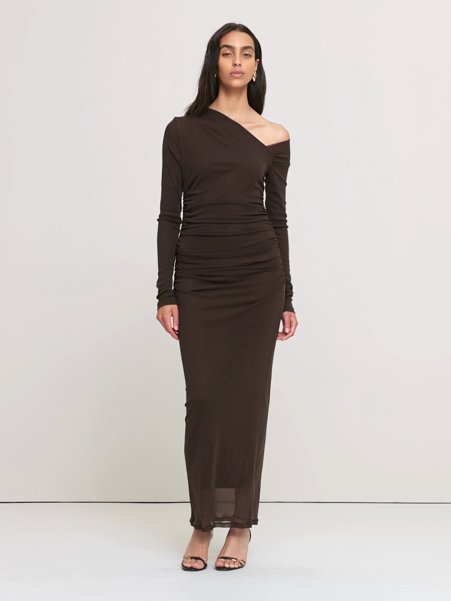 Mesh Asymmetric Ruched Maxi Dress - DARK CHOCOLATE